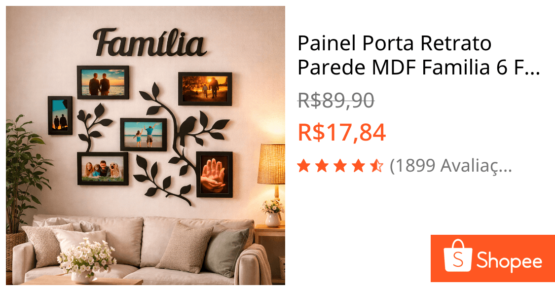 Painel Porta Retrato Parede MDF Familia 6 Fotos Decorativo Moldura Preta Galhos Enfeite Sala Quarto Grande Organizador