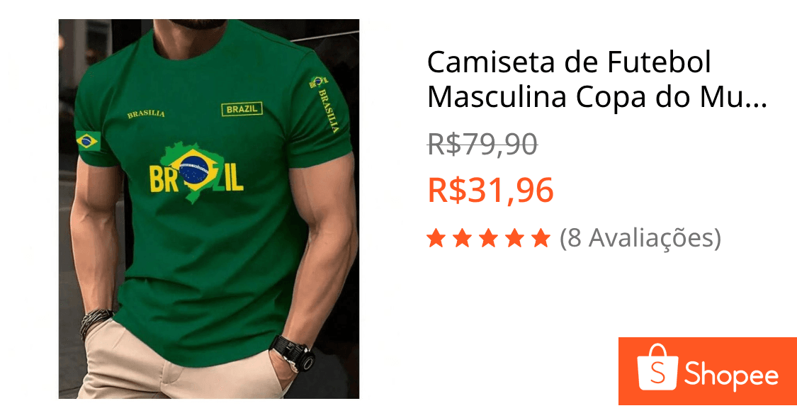 Camiseta de Futebol Masculina Copa do Mundo Bandeira Mapa do Brasil Algodão Confortável