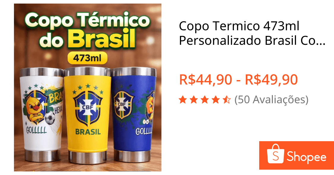 Copo Termico 473ml Personalizado Brasil Com Abridor integrado e Tampa - Tema Copa do Mundo