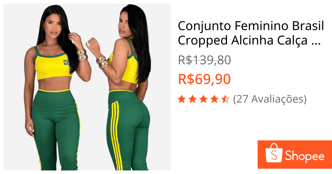 Conjunto Feminino Brasil Cropped Alcinha Calça Flare Cintura Alta Look Copa Casual