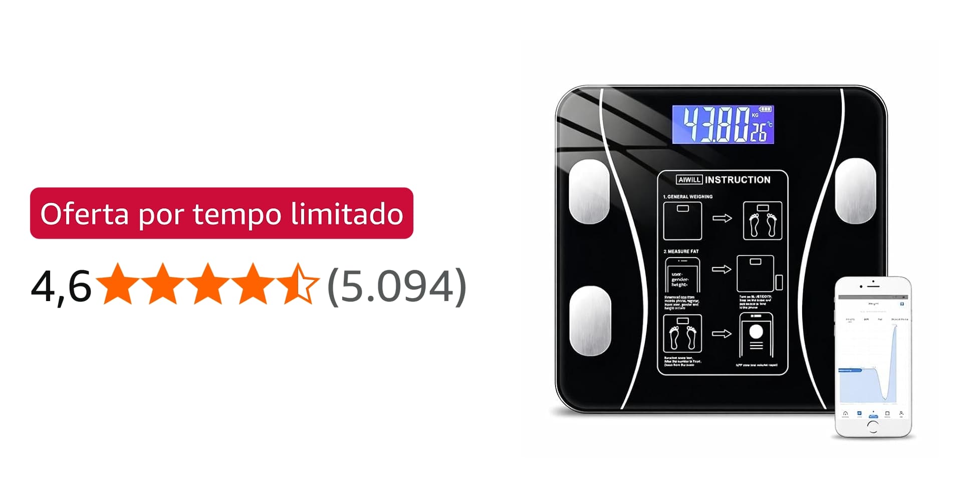 Oferta: Balança Digital Bioimpedância Premium Bluetooth com App Saúde iOS Android para IMC Gordura Corporal Massa Muscular Massa Óssea Água Corporal Taxa Metabólica BMR Alta Precisão Vidro Temperado L